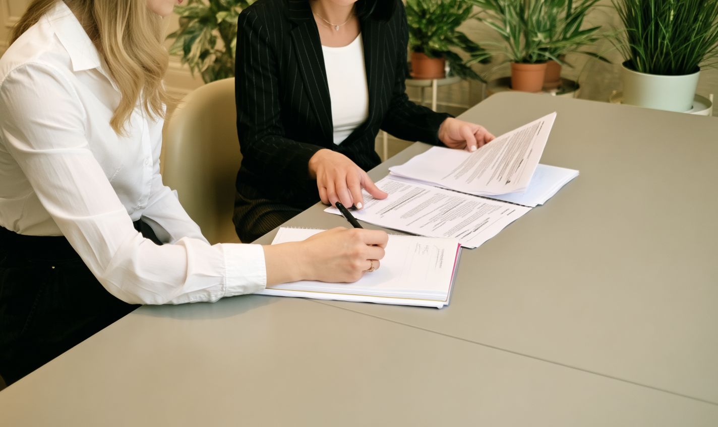 Two colleagues reviewing workforce health documents